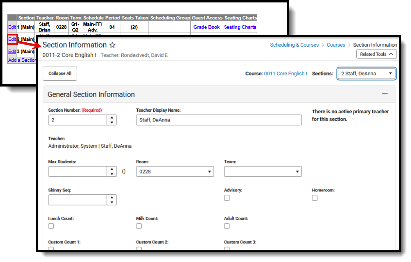 Screenshot of the Edit Section and the Section Injformation tool, where section information can be modified. 