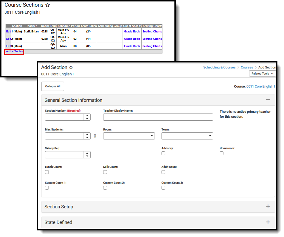 Screenshot of the Add Section link and he Add Section editor to create a new section for the course. 