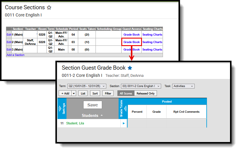 Screenshot of the Section Guest Grade Book access. 