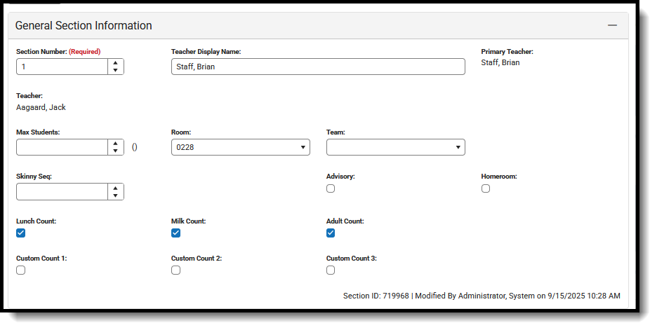 Screenshot of the General Section Information Card. 