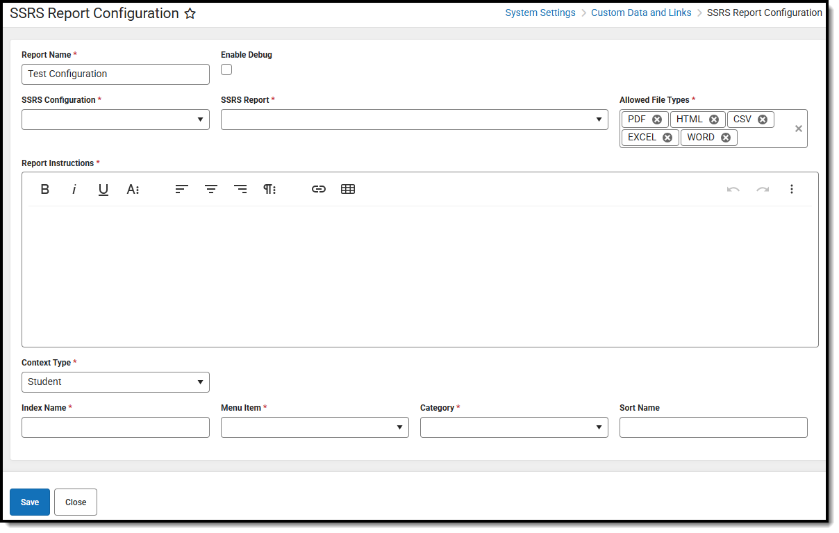 screenshot of the ssrs report configuration screen