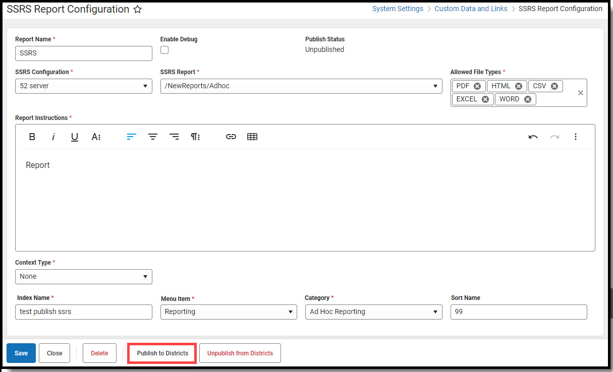 screenshot of the publish to districts button highlighted