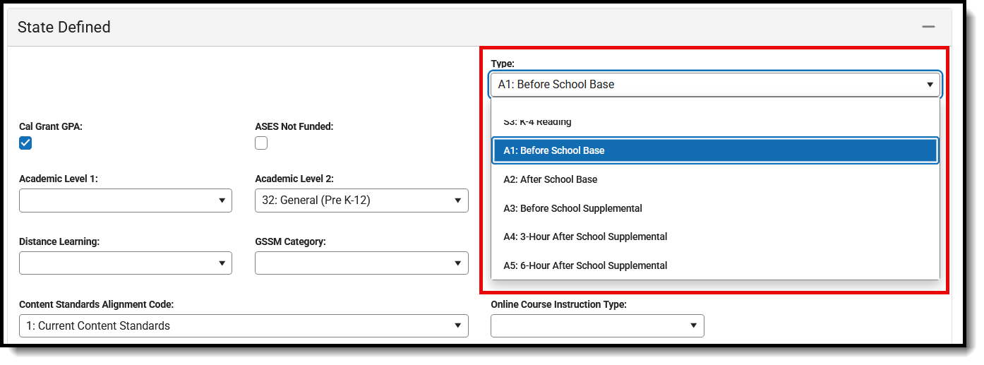 Screenshot of the State Defined Type field with the appropriate ELO options highlighted in red.