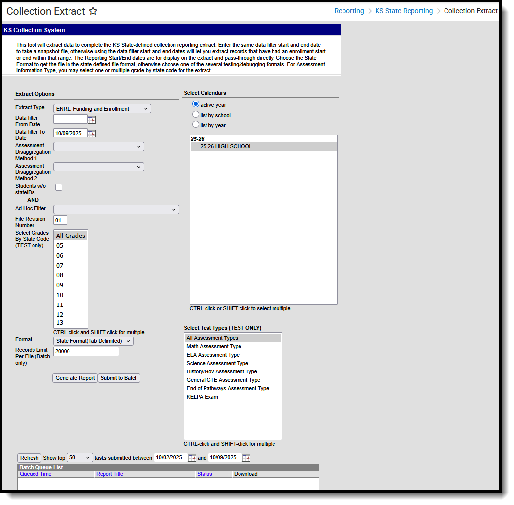 Screenshot of the KIDS Collection Extract, located at Reporting, KS State Reporting