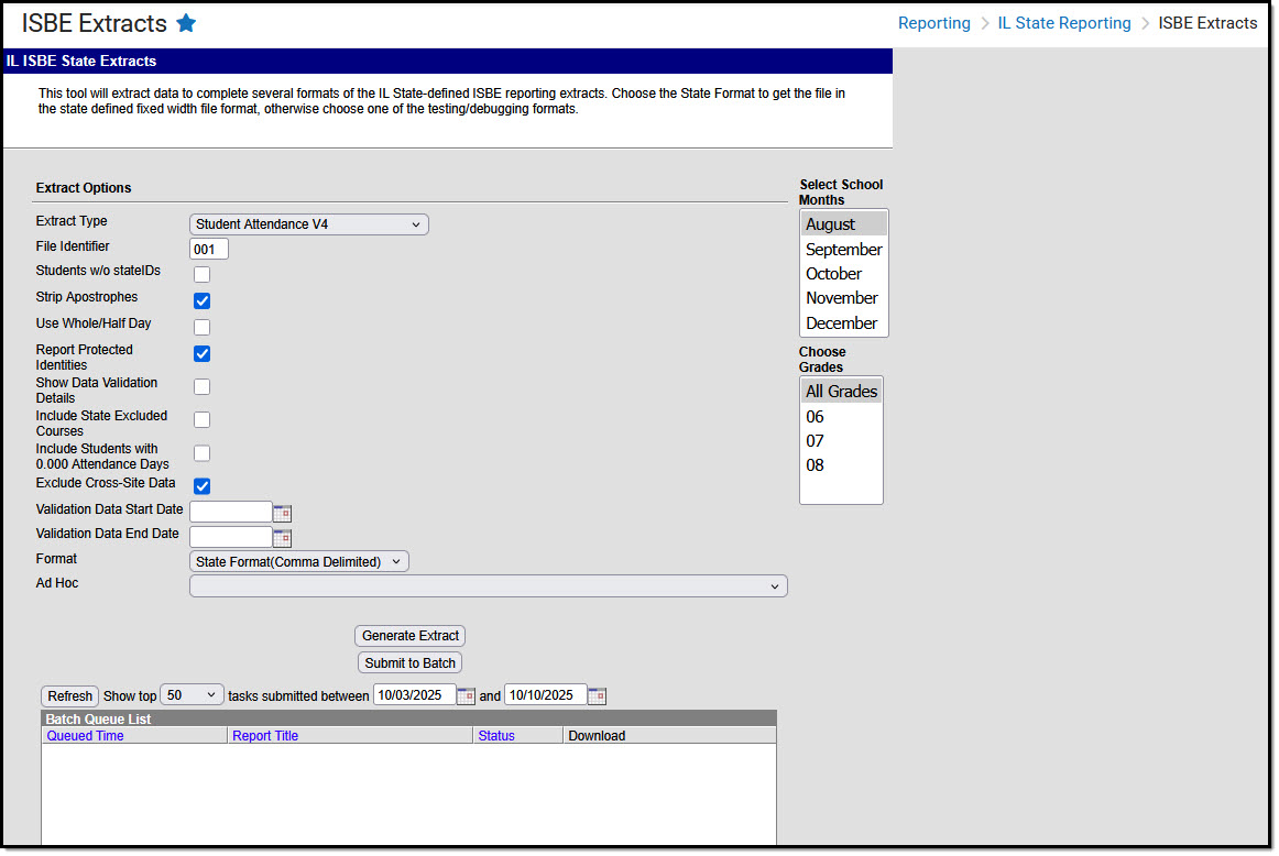 Screenshot of the ISBE Student Attendance extract editor.  