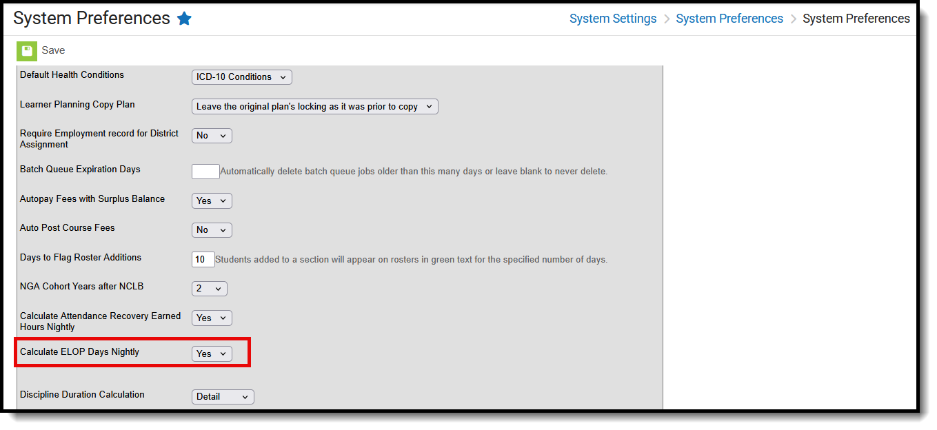 Screenshot of the Calculate ELOP Days Nightly System Preference set to Yes. 