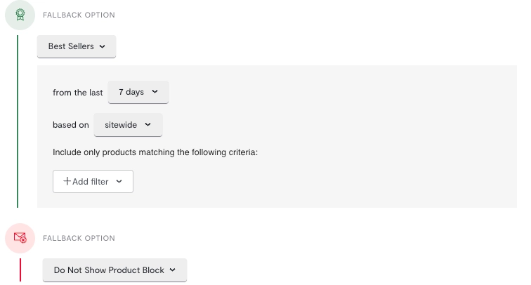 Screenshot of fallback rules for product blocks