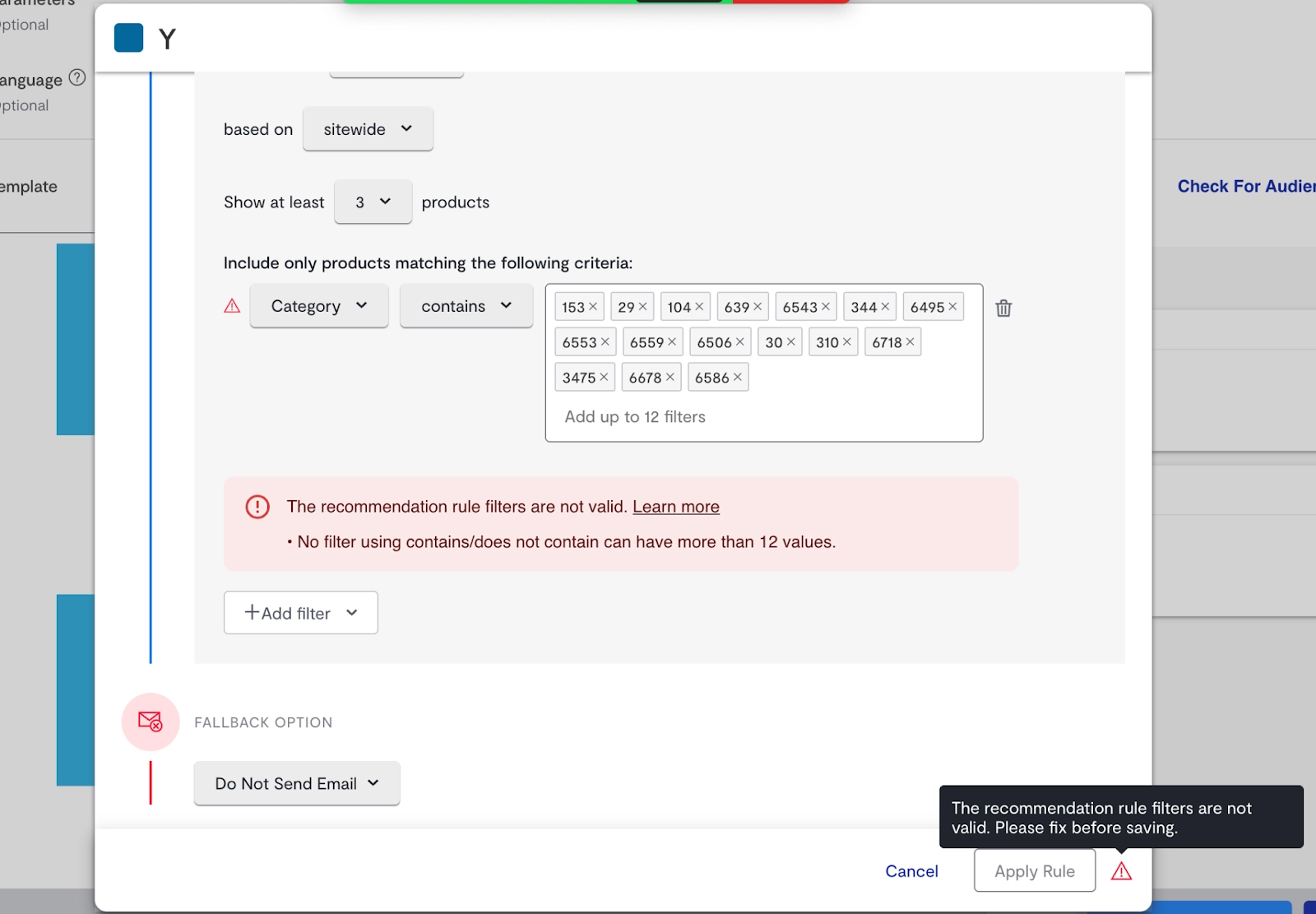 Screenshot of recipe rules restrictions