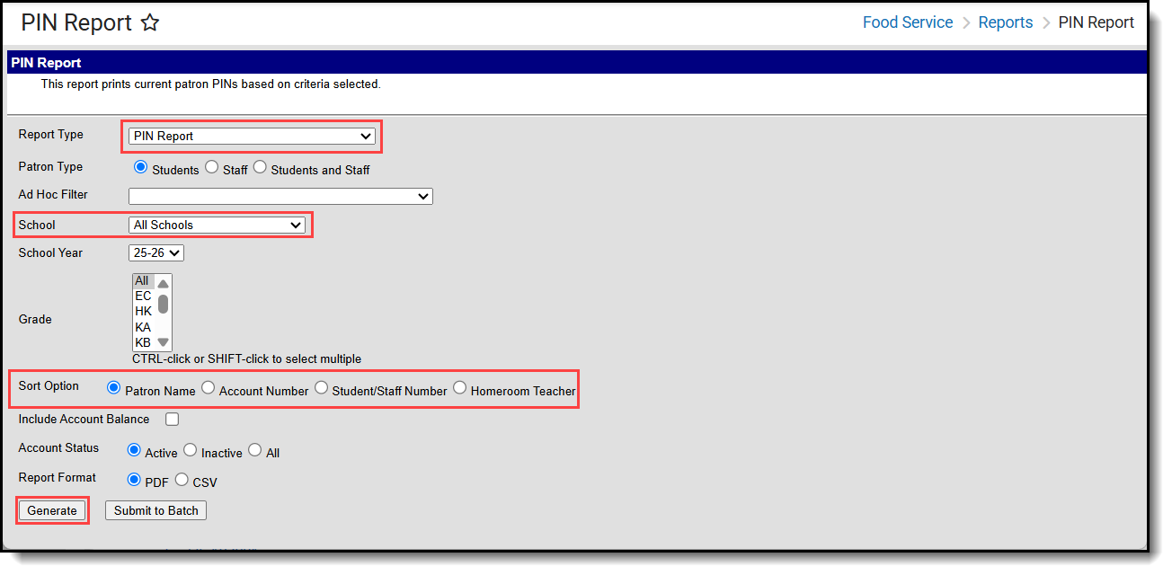 Screenshot of the PIN Report.