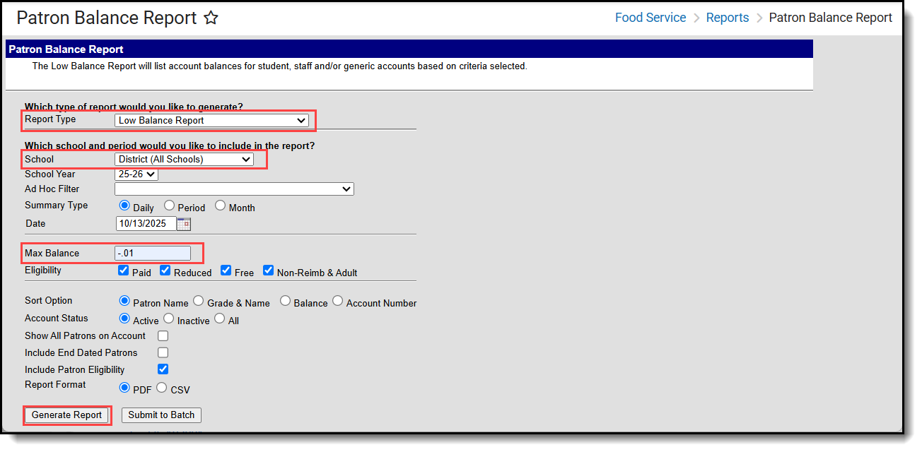 Screenshot of the low balance report