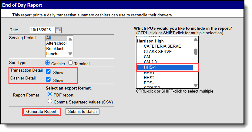 Screenshot of the end of day report