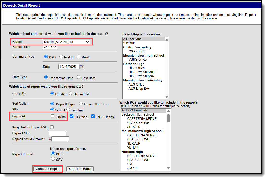 Screenshot of the deposit report