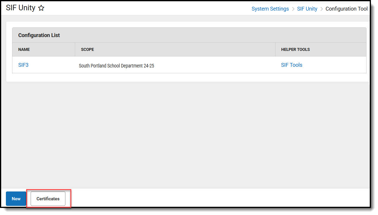 Screenshot of the Certificates button.