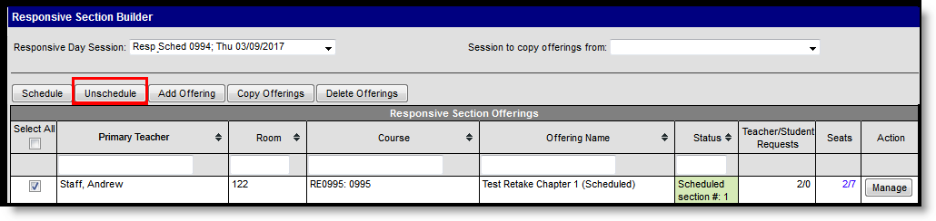 Screenshot of Unschedule Responsive Day Offering