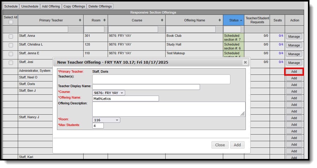 Screenshot of Add Offering for Specific Teacher