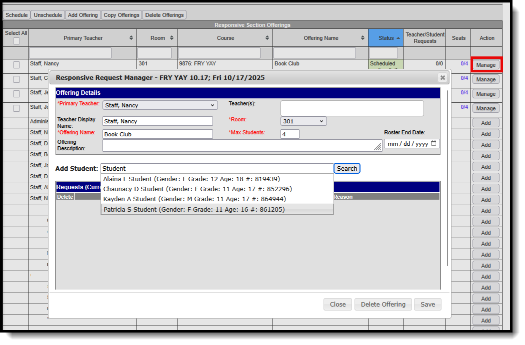 Screenshot of the Manage Offerings editor. 