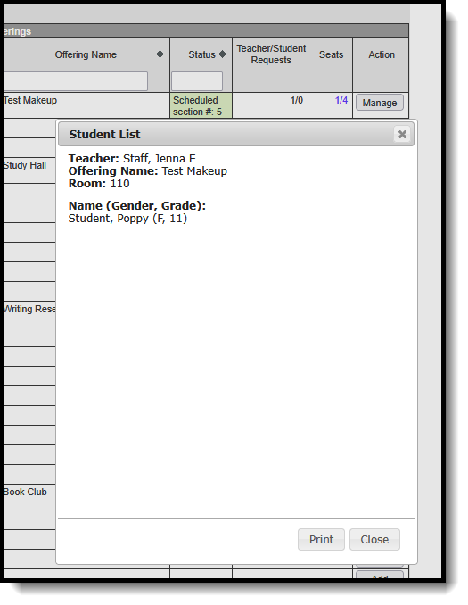 Screenshot of the Student List. 
