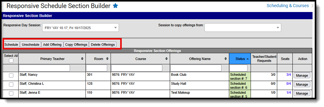 Screenshot of the avaiable actions that can be done in the Seciton Builder. 