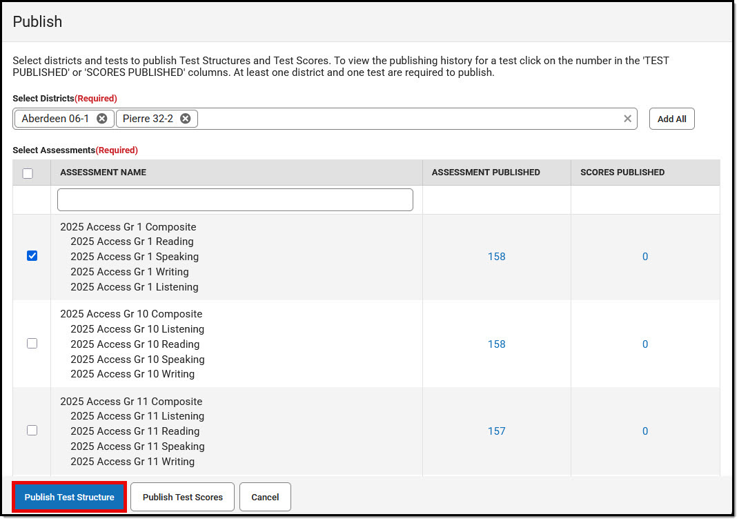 Image of the  Publish Test Structure button on Assessment Center.