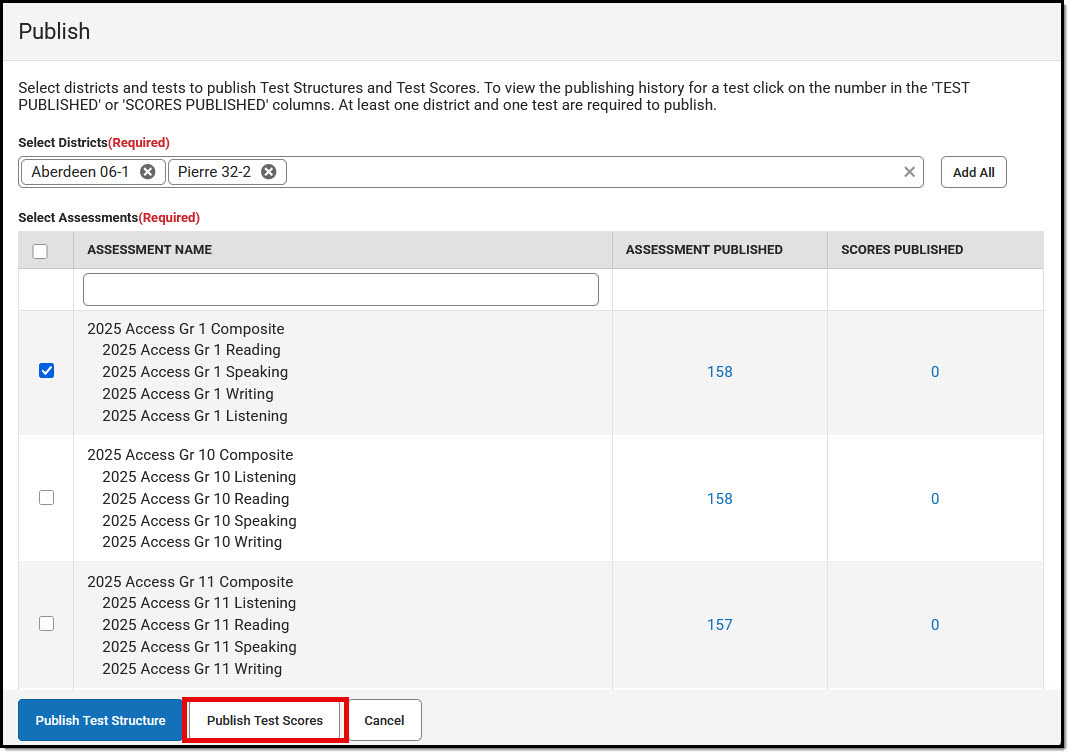 Image highlighting the Publish Test Scores button.