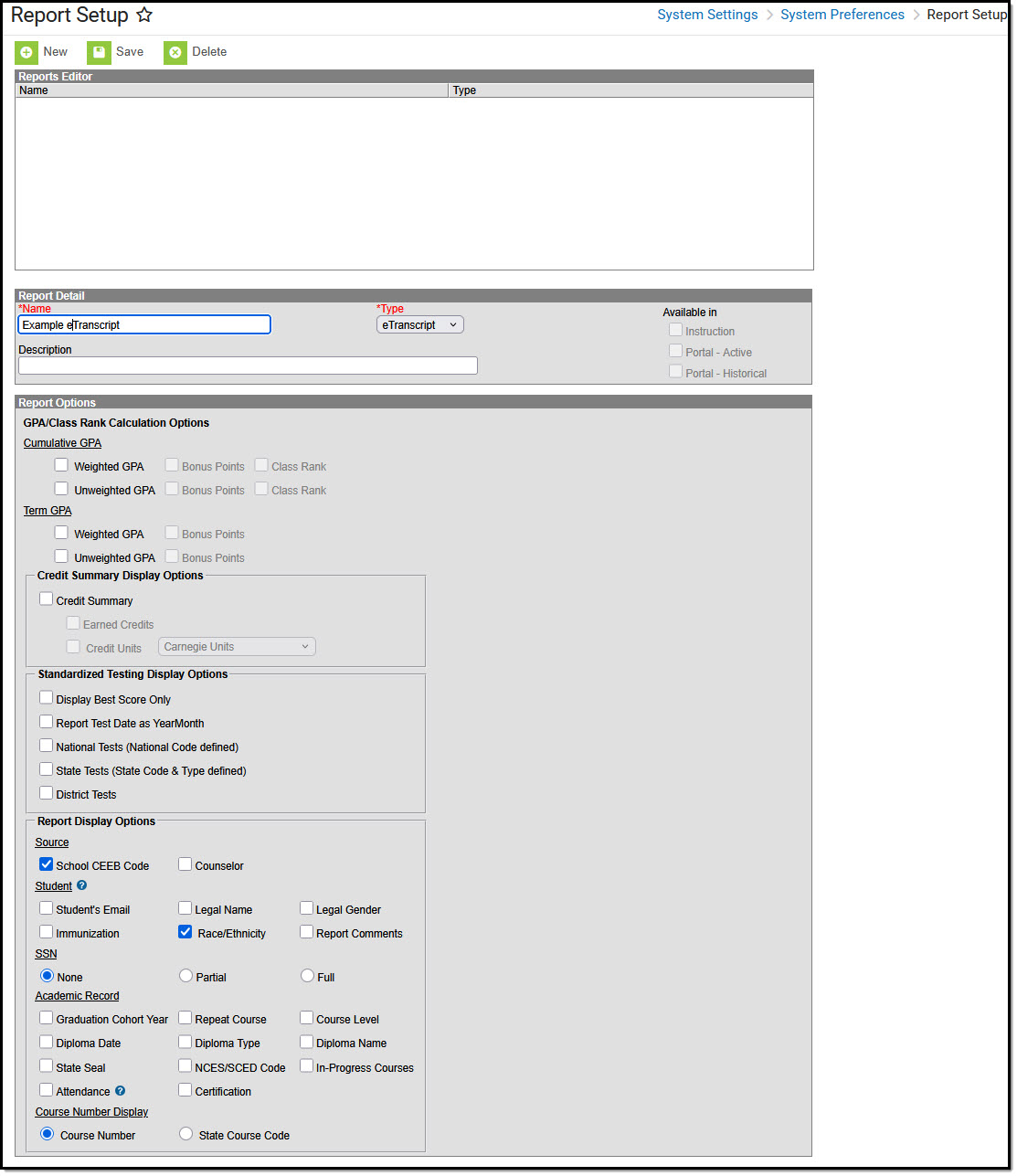 Screenshot of the eTranscript Preferences in the Report Setup editor.