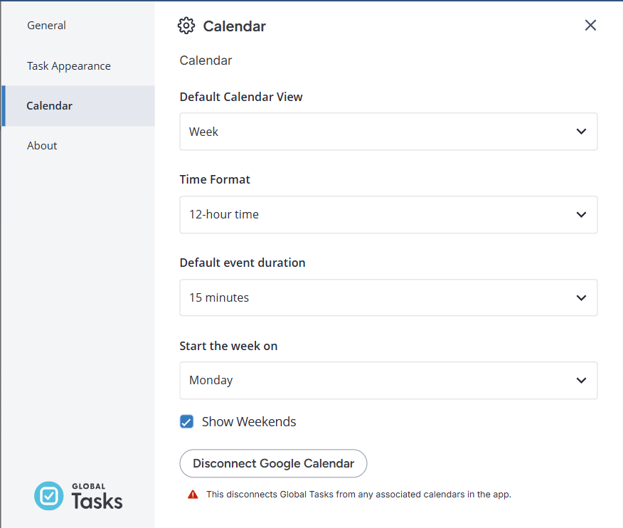 Global Tasks options showing the Calendar panel