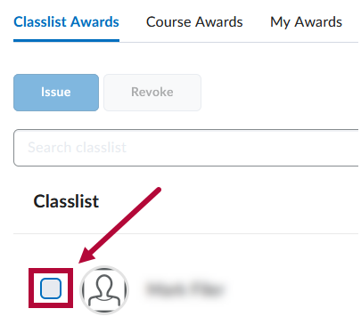 Shows Checkbox to choose which student(s) to issue Awards to.