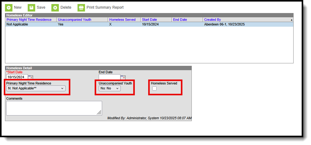 Screenshot of the student's Homeless record with values selected where the student does not report. 