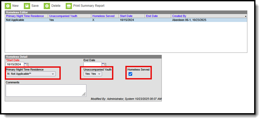 Screenshot of the Homeless record with values set where the student DOES report. 