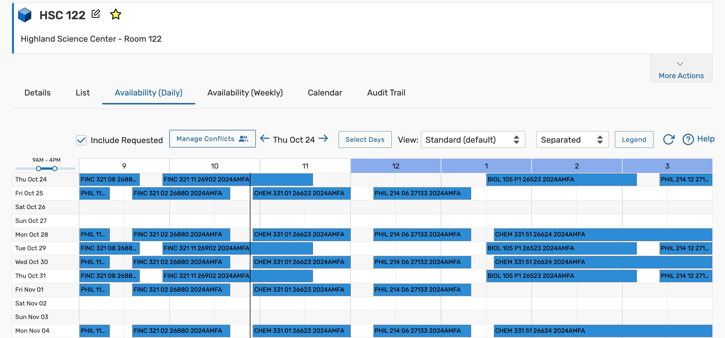 The availability daily view on a location page