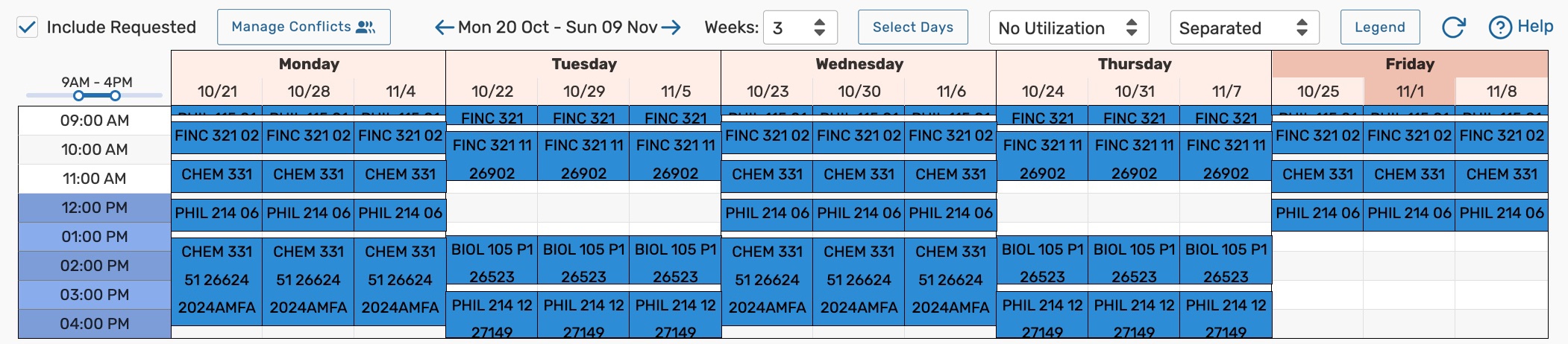 Location availability weekly grid example