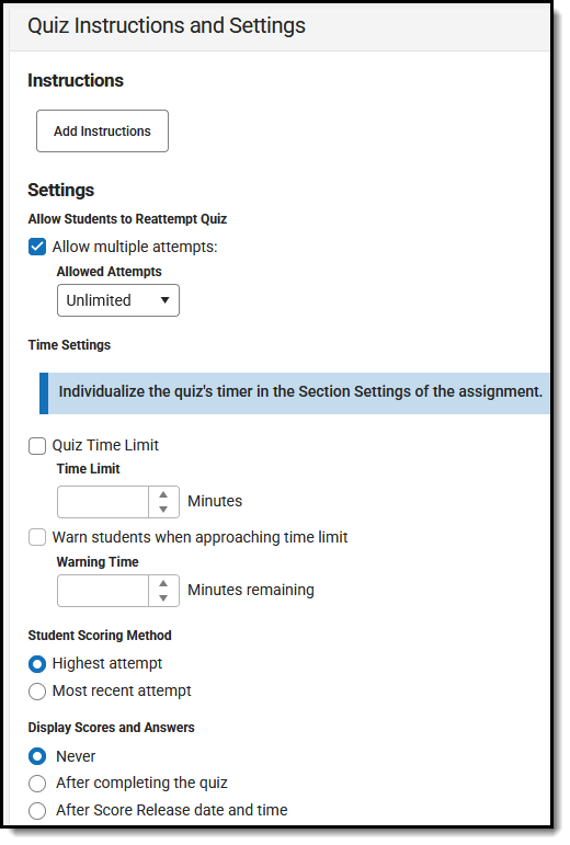 Screenshot of the Quiz Settings screen.