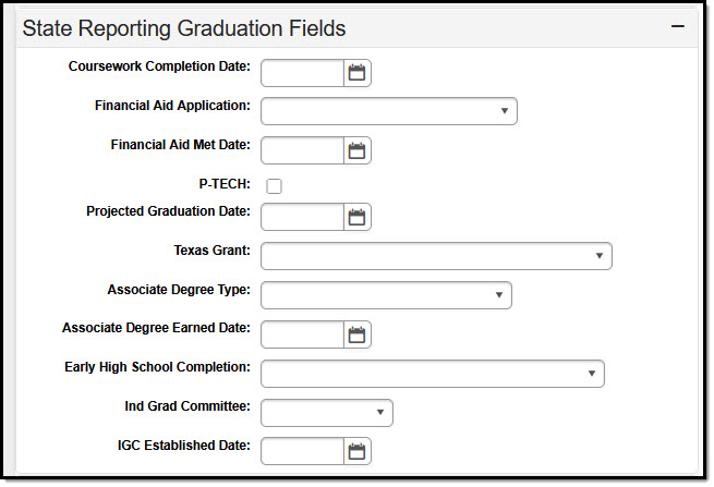 Image of the Texas State Reporting Graduation Fields Editor.