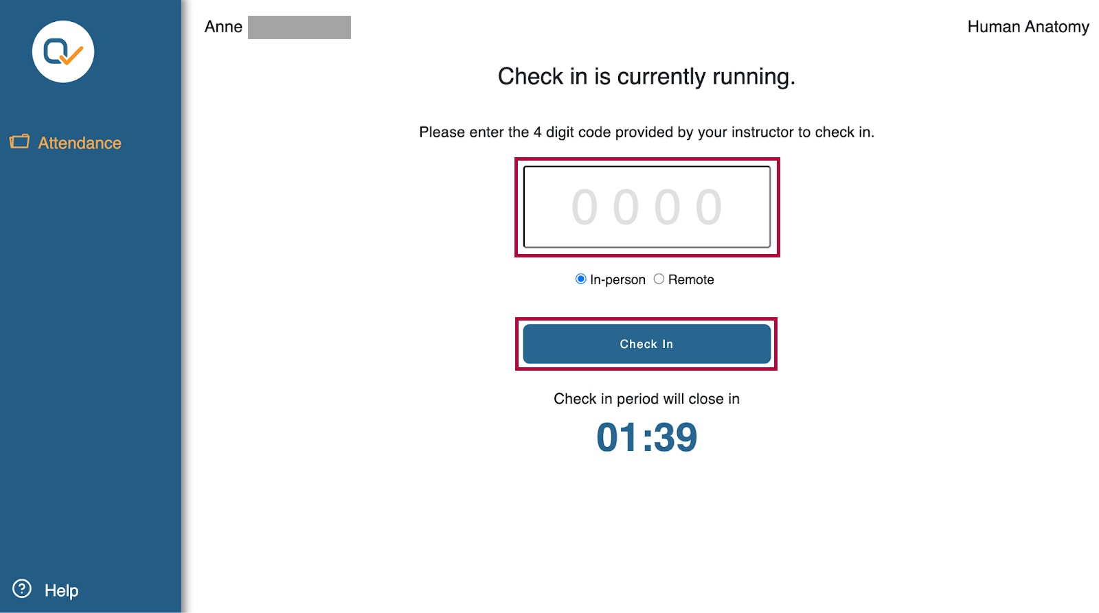 Student view of a Check-In screen with a prompt to enter a 4 digit code provided by the professor, options for "In-person" or "Remote", a Check In button, and a countdown timer under "Check in period will close in" for class attendance.