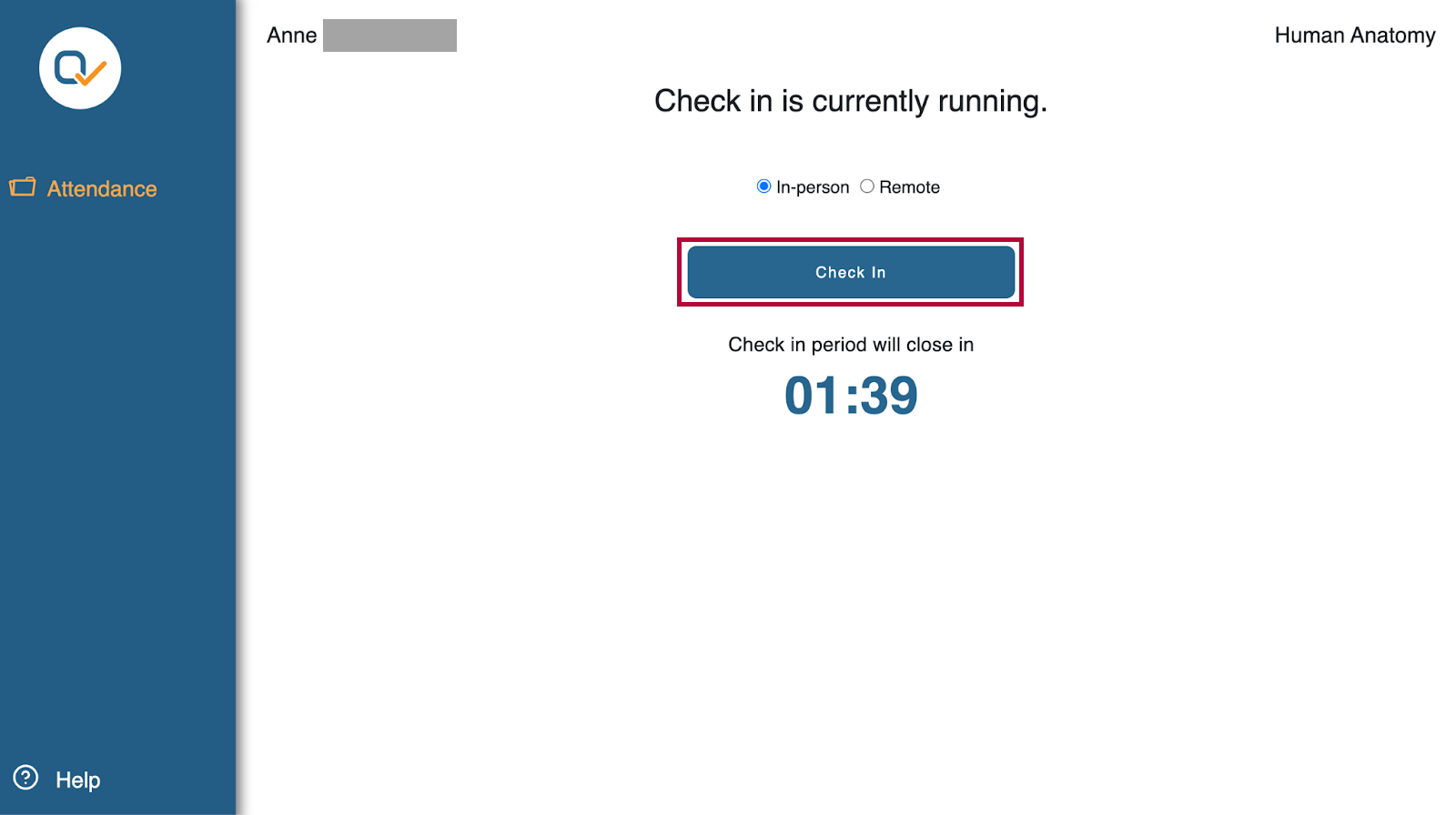 Student view of a Check-In screen with options for "In-person" or "Remote", a Check In button, and a countdown timer under "Check in period will close in" for class attendance.