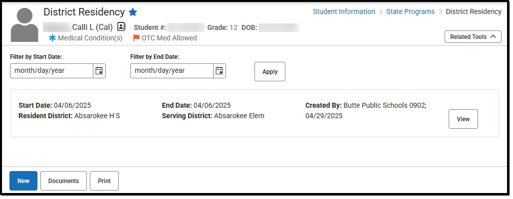 Screenshot of the District Residency List Screen.