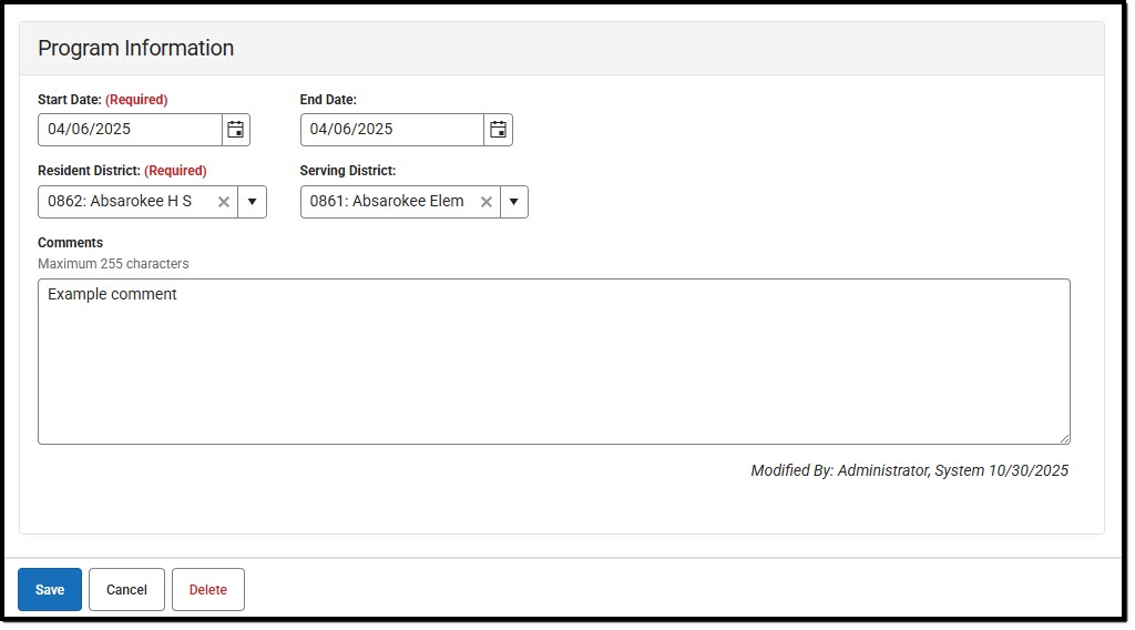 Screenshot of the District Residency Detail View.