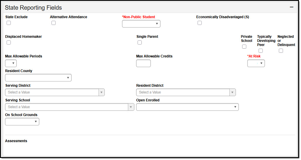 Screenshot of State Reporting Fields for Idaho enrollment