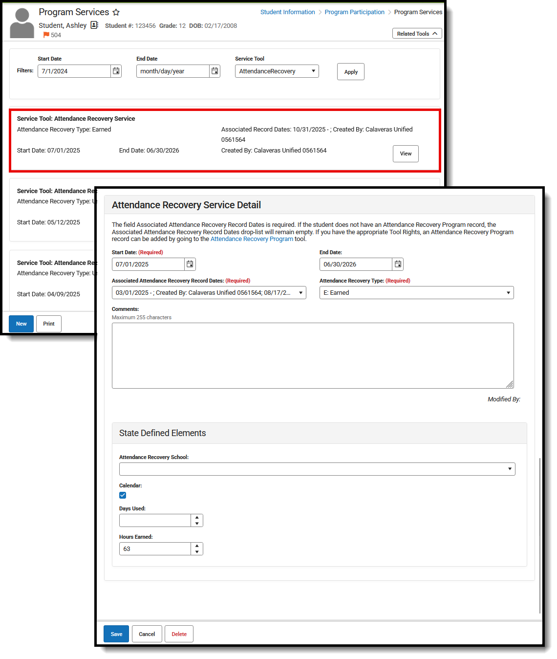 Screenshot of the Attendance Recovery Services record, located at Student Information, Program Participation.