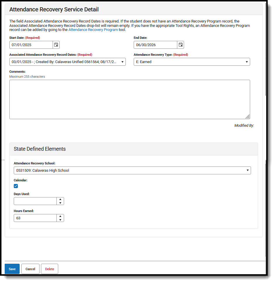 Screenshot of the Attendance Recovery Service Detail. 