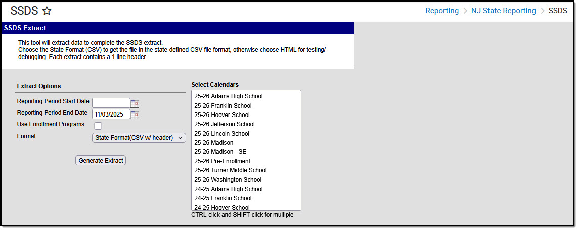 Screenshot of the SSDS extract editor