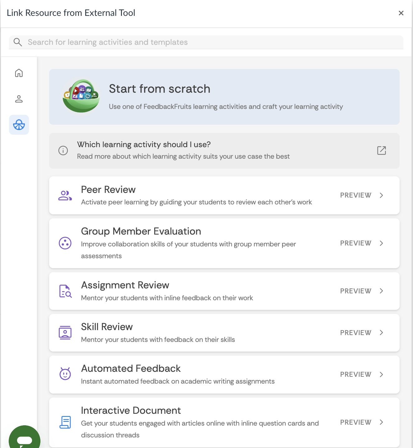 Link Resource from External Tool Menu. Start From Scratch Menu is selected. Feedback Fruits Assignment types are listed.