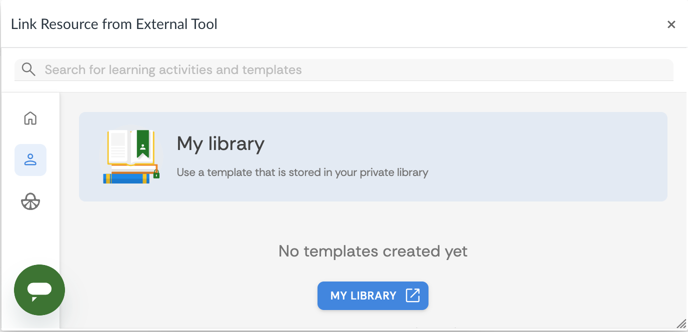 Link Resource from External Tool Menu. My Library Menu is selected. Available templates are listed.