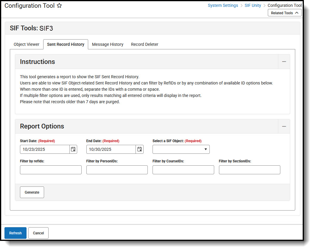 Screenshot of the Sent Record History editor.