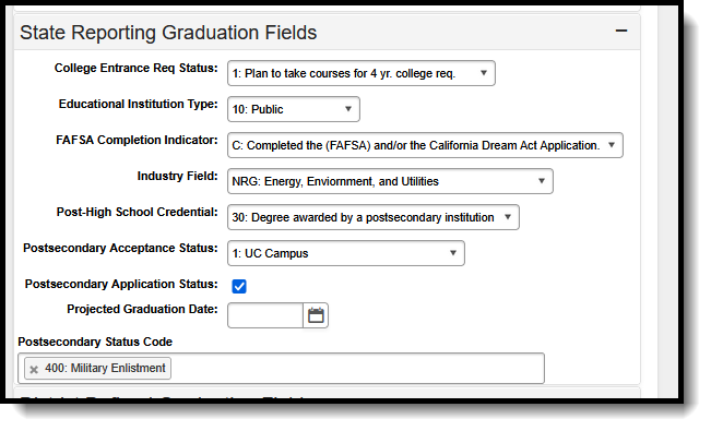 Screenshot of the State Reporting graduation fields.