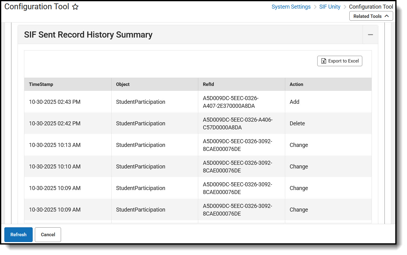 Screenshot of the Sent Reord History Summary.