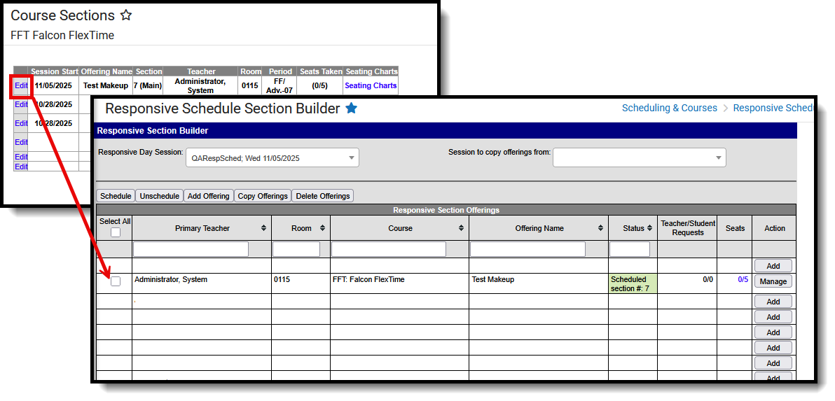 Screenshot of the Edit Section and the Responsive Section Builder.