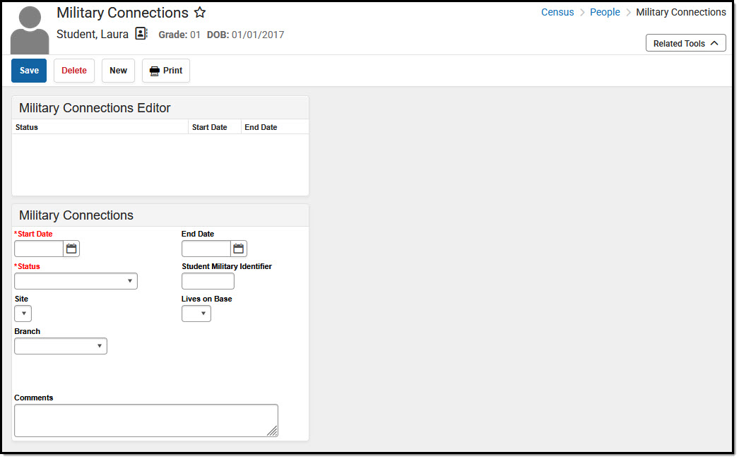 Screenshot of the North Dakota Military Connections tool.