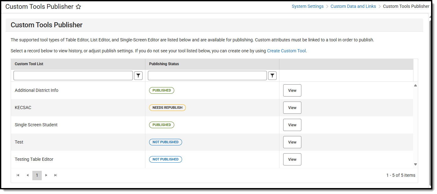 screenshot of the custom tools publisher