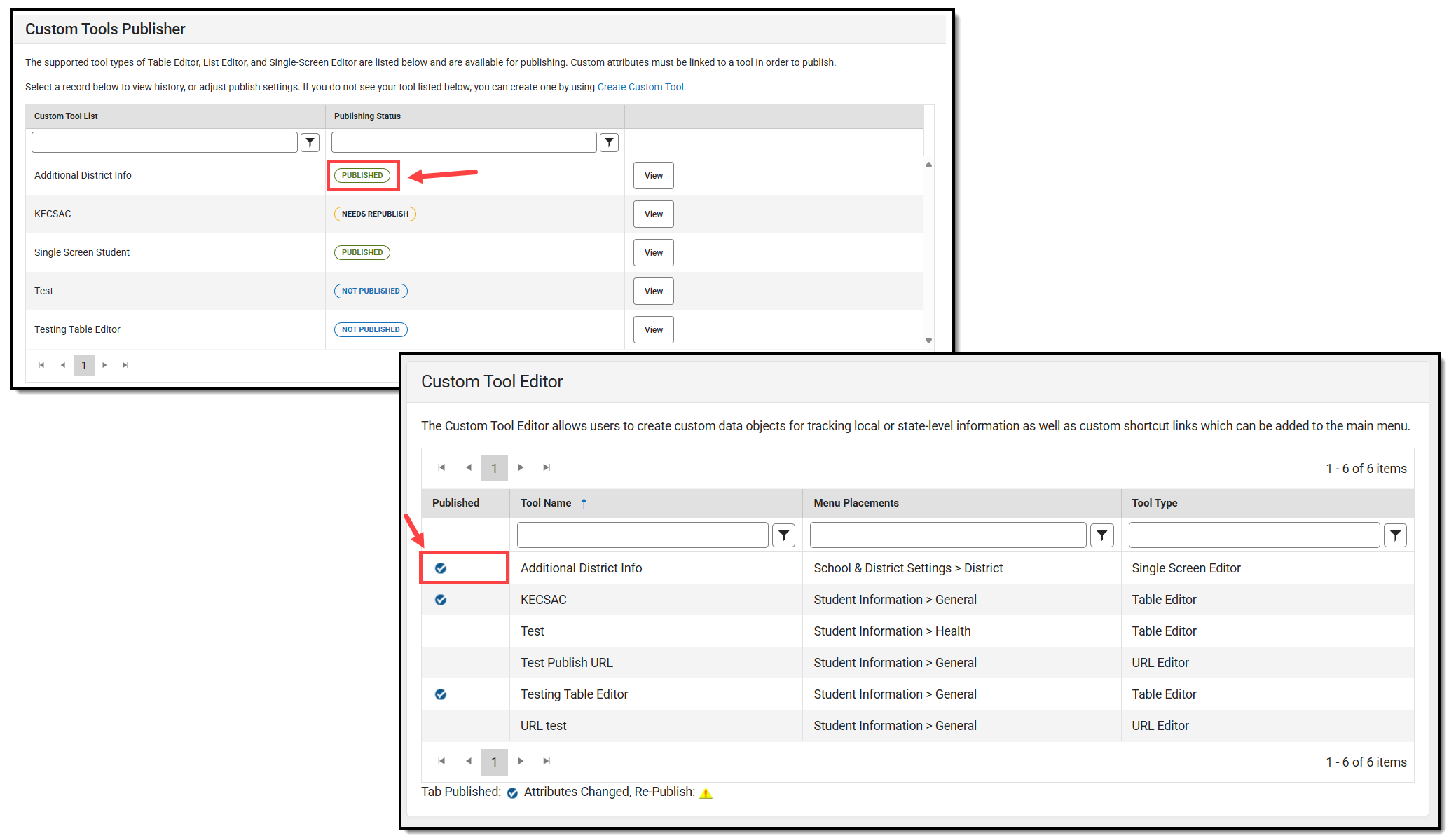 screenshot of the published icon showing for the custom tool publish status and this indication in the custom tool editor